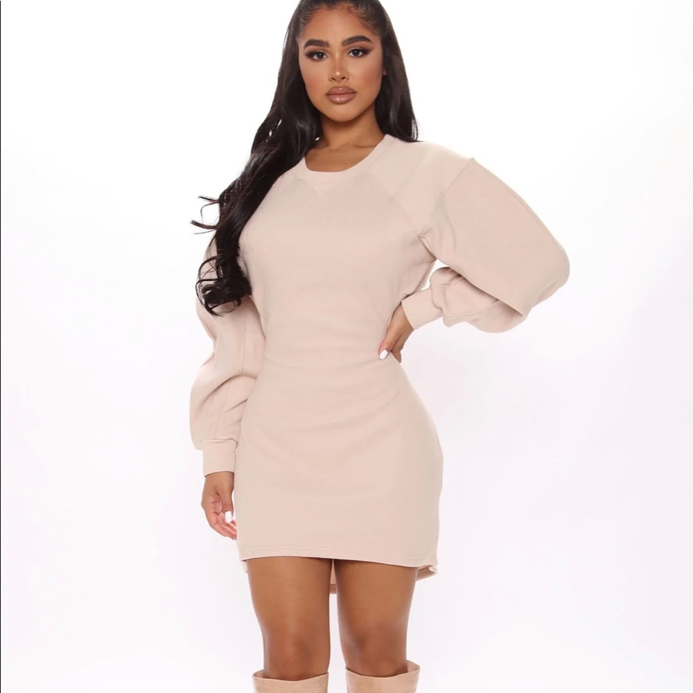 Beige Cutout Balloon Sleeves Sweater Dress
